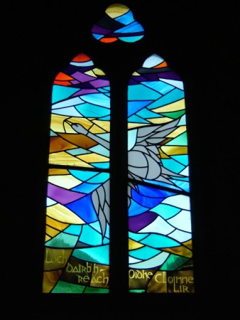A stained glass window depicting one of the children of Lir as a swan in the Abbey Multyfarnham. This story is associated with Lough Derravaragh nearby. Multyfarnham, Co. Westmeath. 